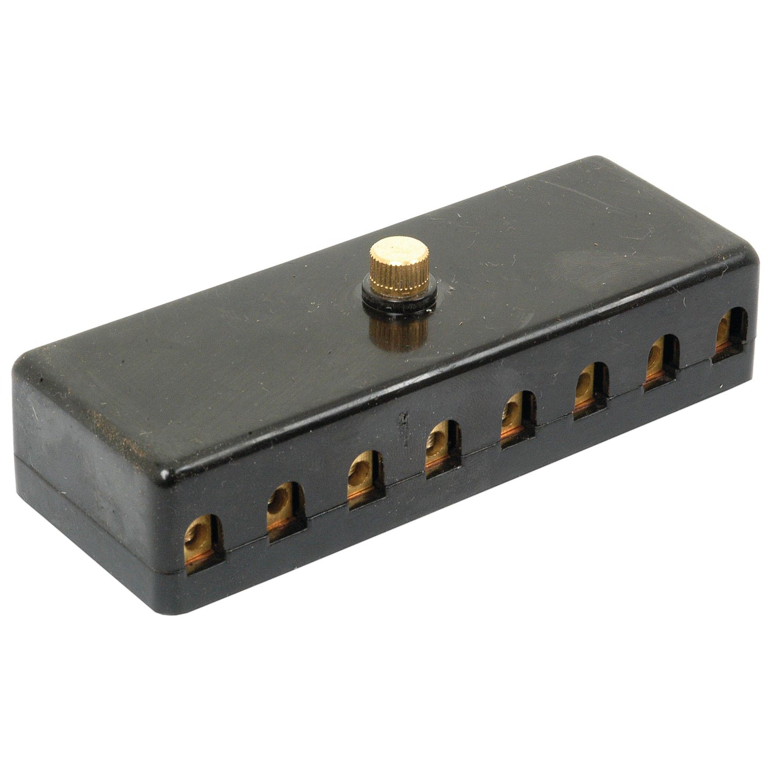 A rectangular black harmonica with six holes, featuring a gold screw in the center on the top surface, reminiscent of a compact Screw Terminal Fuse Box 8 Fuse (Sparex Part No. S.5070) by Sparex.