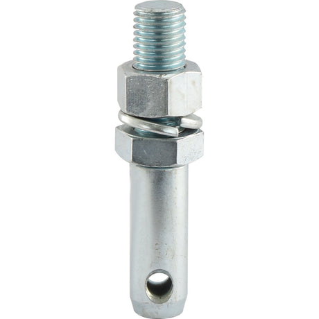 A Lower Link Implement Pin 28x152mm with a 1x76mm thread size, featuring a hexagonal nut, washers, and threaded bolt with a hole at the bottom end of the cylindrical shaft, ideal for implement attachments and compatible with Sparex parts (Sparex Part No. S.507).