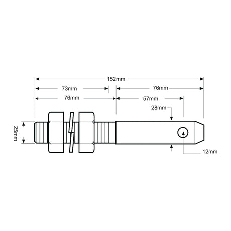 Technical drawing of the Lower Link Implement Pin by Sparex, part number S.507, with labeled dimensions showing a length of 152mm, a height of 25mm, and a width of 12mm at one end. The blueprint includes various internal and external segment dimensions. This detailed schematic is perfect for use with an implement attachment or as a Substitute for a Sparex Pin.