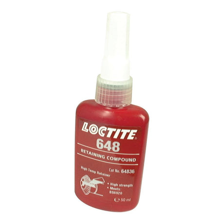 A red 50 ml bottle of LOCTITE® 648 Retaining Compound by Sparex with a white nozzle is perfect for the bonding of cylindrical fitting parts and meets specification B56920. The product code is S.50919.