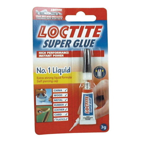 Package of Sparex Super Glue -3ml - S.50946, featuring a 3ml tube for use on various materials including china, wood, metal, rubber, leather, card, and plastics. Highlighting high-strength bonds and instant power for general-purpose repairs.