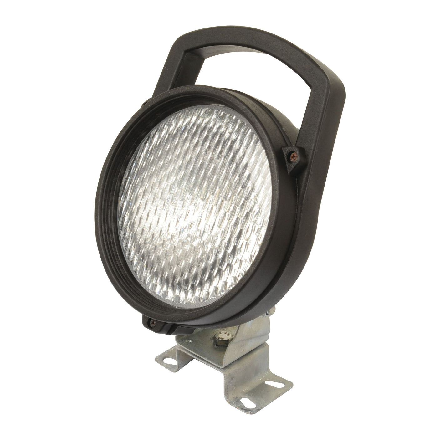 A black, handheld Halogen Work Light Round RH & LH (12V, 55W) from Sparex with a metal stand and textured glass lens—an ideal worklight for various tasks.