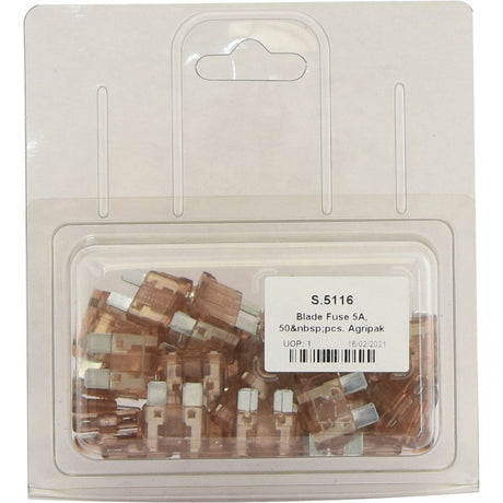 A package of Sparex Blade Fuse 5.0A, 50 pcs, Agripak, labeled with Sparex Part No. S.5116, containing brown and metal blade fuses in a clear plastic box with a white label.