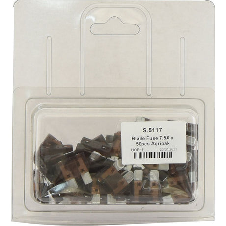 A clear plastic package labeled "Blade Fuse 7.5A, 50 pcs. Agripak | Sparex Part No.S.5117," containing 50 brown blade fuses, each rated at 7.5A from the brand Sparex.