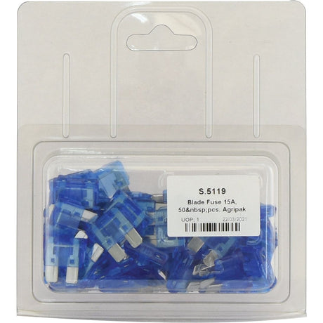 A clear plastic package containing fifty blue 15A blade fuses. The label reads "Blade Fuse 15A, 50 pcs, Agripak, UOP: 1. Date: 22/03/2021. Sparex Part No.S.5119.