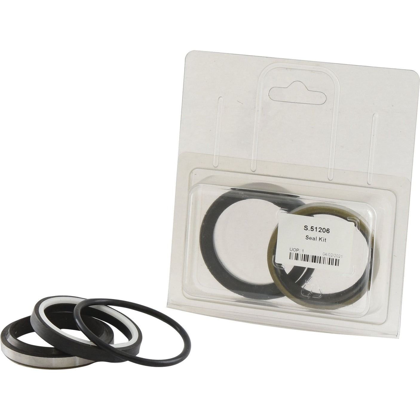 A seal kit consisting of various black rubber rings packaged in a clear plastic bag, with extra rings displayed in front. The label indicates "Seal Kit (Assistor Ram) | Sparex Part No.S.51206" and it is compatible with Ford / New Holland Assistor Ram systems.