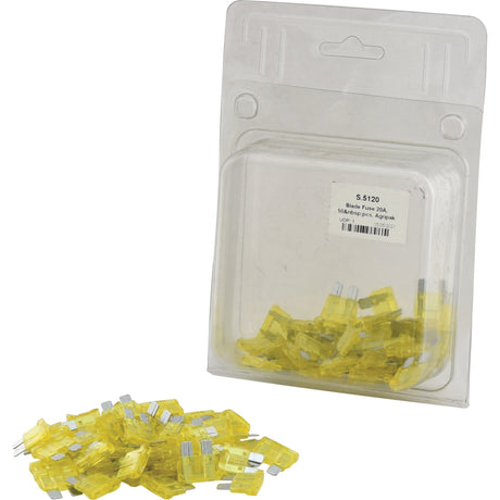 Clear plastic packaging labeled "Agripak" contains yellow blade fuses, with several scattered outside next to the package. The label reads "50-Blade Fuses 20A.