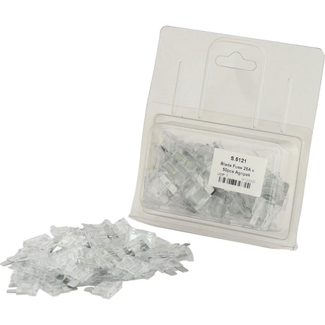 A clear plastic bag containing many blade fuses is shown, with additional loose fuses scattered in front. A label on the bag reads "S5121 Blade Fuse 25A 50PCS Sparex," making it a perfect choice for Agripak or other Sparex needs.