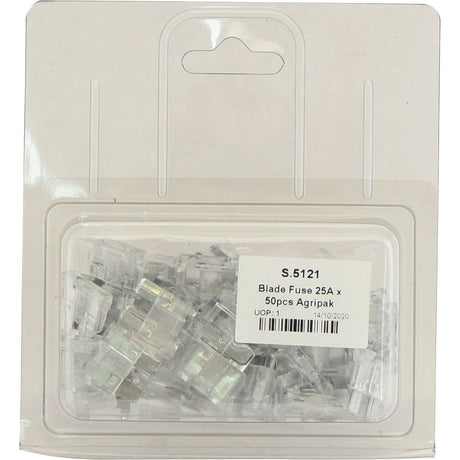 A package containing 50 blade fuses rated for 25A from Sparex. The package is labeled "Blade Fuse 25A, 50 pcs. Agripak | Sparex Part No.S.5121.