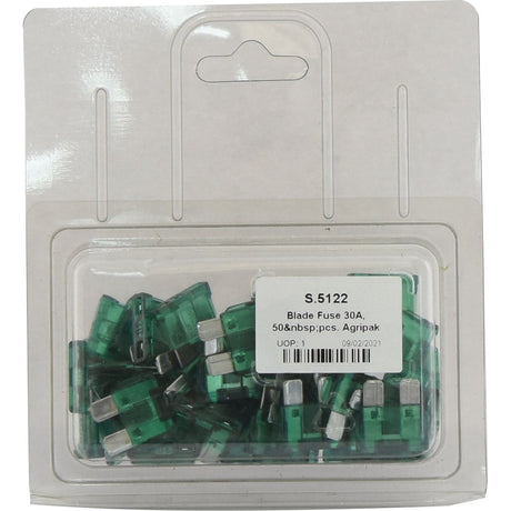 A set of 50 Sparex Blade Fuse 30A pieces, listed under the part number S.5122 and branded as Agripak, is labeled "Blade Fuse 30A, 50 pcs. Agripak" with a manufacturing date of 09/02/2021.