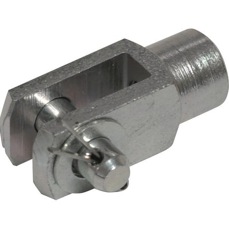 A Sparex Metric Clevis End with Pin M5.0, featuring a rectangular-open structure, cylindrical top, and a securing pin with a spring clip in accordance with DIN 71751 specifications (Sparex Part No. S.51305).