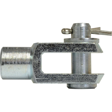 Close-up of a Sparex Metric Clevis End with Pin M6.0 (DIN 71751), featuring a metal hinge connector with a cylindrical pin and retaining clip, available as Sparex Part No.S.51306.