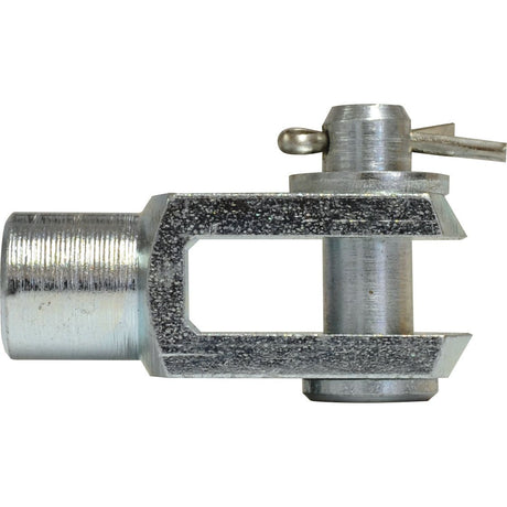 A close-up of a metallic hitch pin lock with a textured grip and a securing pin attached, showcasing the precision of Sparex's Metric Clevis End with Pin M8.0 (DIN 71751), Sparex Part No. S.51307.