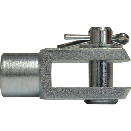 Close-up of a Sparex Metric Clevis End with Pin M10 (DIN 71751) with a retaining pin inserted through a slot on the side. The cylindrical clevis pin has a U-shaped bracket on one end and is available as Sparex Part No. S.51308.