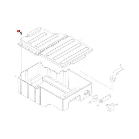 A technical diagram illustrating the components and assembly of a Fendt - Tool Box Screw - X473520300000 with a hinged lid and screws from AGCO. The parts are numbered, with part 6 highlighted in red.