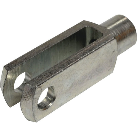 A metallic, U-shaped Metric Clevis End M8 (DIN 71751) with two holes at the open end and a threaded cylindrical end, from Sparex (Part No. S.51320).