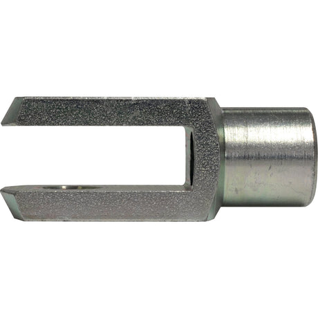 The Metric Clevis End M10 (Sparex Part No. S.51321) by Sparex is a metal tool with two prongs separated by a rectangular gap and features a cylindrical base, ideal for mechanical or automotive applications. It complies with DIN 71751 standards.