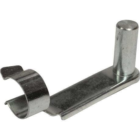 A metal clip with a curved hook on one end and a cylindrical post, resembling the Sparex Metric Clevis Pin & Clip M8.0 x 32mm (Part No. S.51340), on the other end.