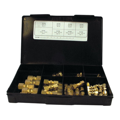 A Sparex Handipak case made of black plastic features 10 compartments filled with an assortment of 105 metric brass fuel line olives and fittings. The inside lid includes a Sparex label detailing the technical specifications.