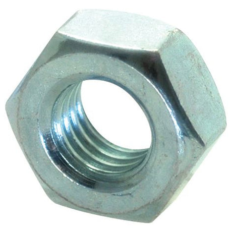 Close-up of a Sparex Metric Hexagon Nut, M8x1.00mm (DIN 934) Metric Fine with internal threading, used in conjunction with a bolt for fastening purposes. (Sparex Part No.S.51500)