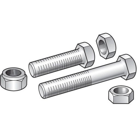 Illustration of two Sparex Metric Bolts, M10x80mm (DIN 960) with three hex nuts. One bolt and nut are engaged at the right while the other bolt and two nuts are separate (Sparex Part No.S.51515).