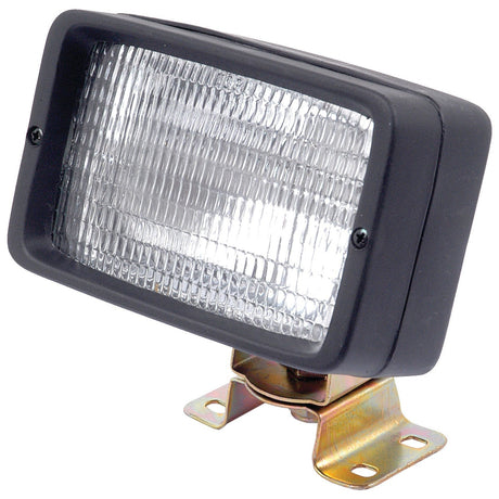 The Sparex Work Light (Halogen), Rectangular, RH & LH, 12V - S.51667 features a clear ribbed lens and black housing, mounted on a metal bracket.