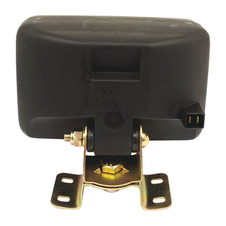 Revised Sentence: Rear view of the Sparex Work Light (Halogen), Rectangular, RH & LH, 12V - S.51667 in black, mounted on a metal bracket with two screw holes. A small electrical connector is attached to the side.