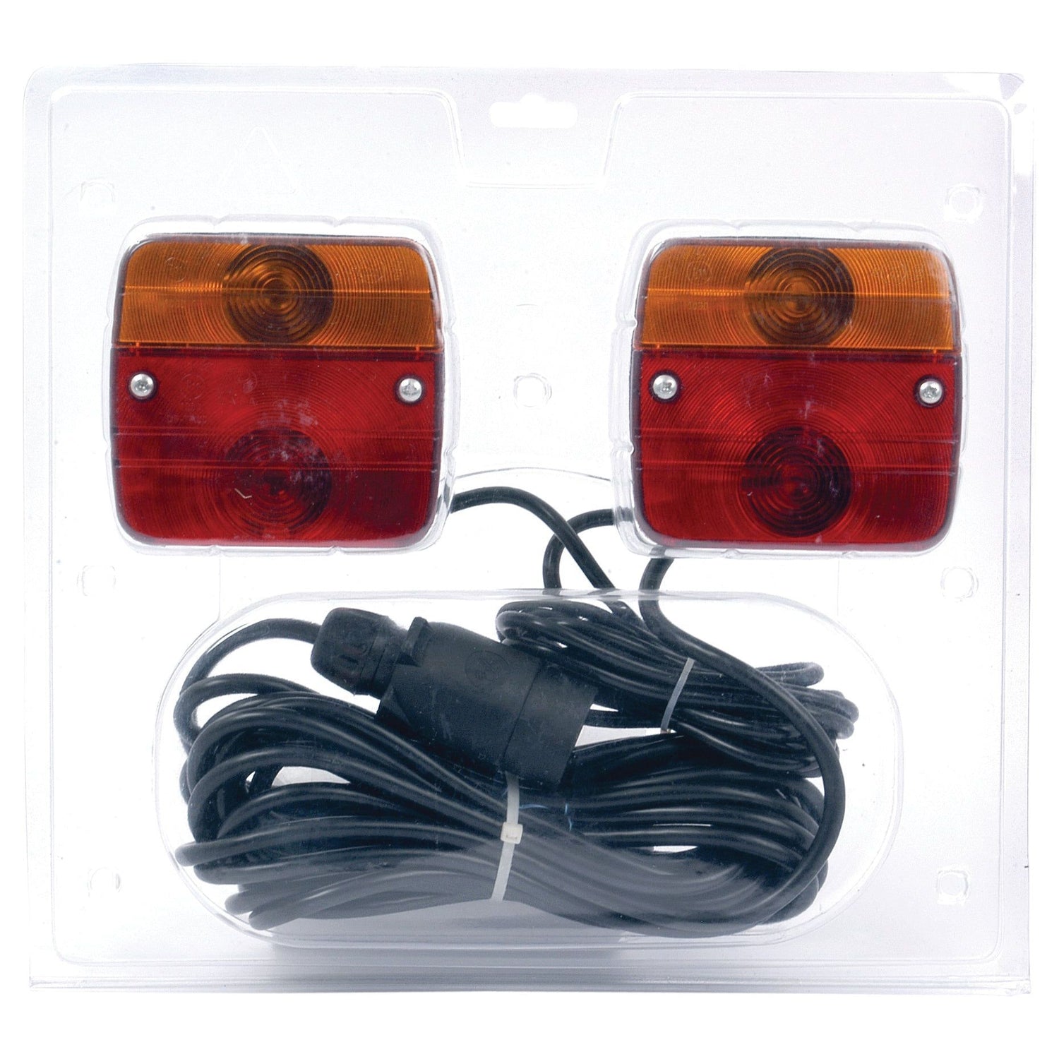 The Lighting Set (Halogen) from Sparex, featuring dual square trailer lights wired with an extended black cable and a 7 Pin Plug, all encased in a robust polycarbonate clear plastic housing. This set performs four functions: Brake, Tail, Indicator, and Number Plate at 12V - S.51746.