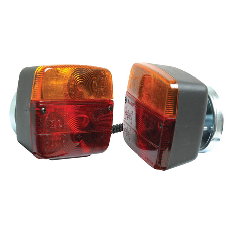 The Sparex Lighting Set (Halogen) S.51746 includes two rectangular vehicle lights featuring red and amber lenses, interconnected by a short cable. The lights are encased in durable gray reinforced polycarbonate housing. Compatible with 12V systems, this set facilitates easy installation via a 7-pin plug and supports four functions: Brake, Tail, Indicator, and Number Plate lighting.