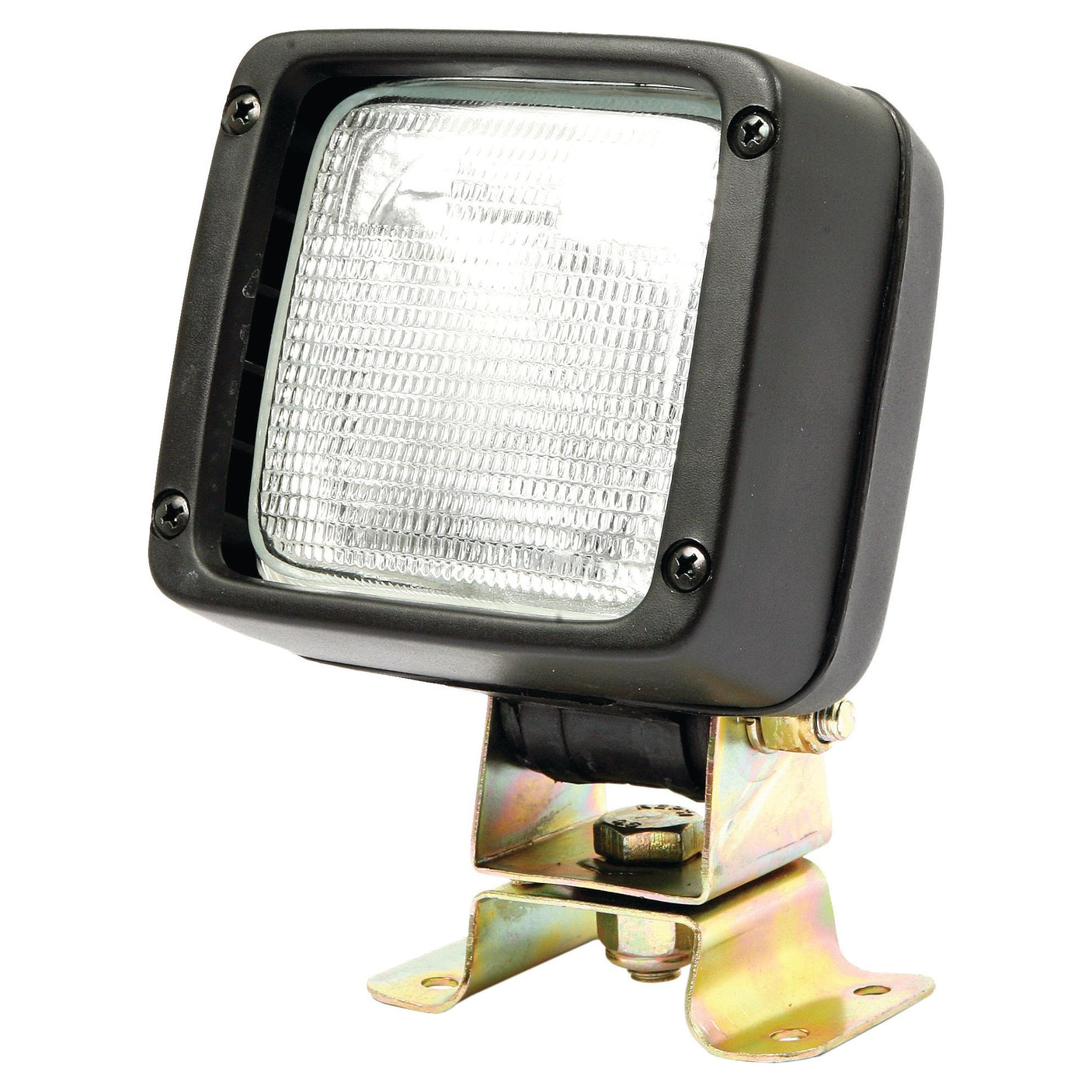 A Halogen Work Light Square RH & LH - 12V (55W) from Sparex featuring a square-shaped, black frame and clear glass cover, mounted on a metal bracket.