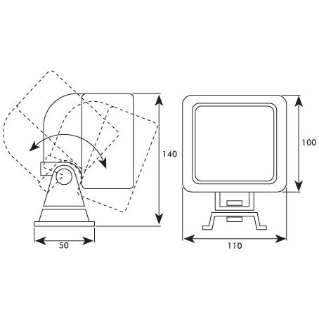 Technical diagram showcasing the dimensions and movement range of the Sparex Halogen Work Light Square RH & LH - 12V (55W) - S.51750. The height is 140mm, width is 110mm, and the base width is 50mm. The work light rotates on a pivot.