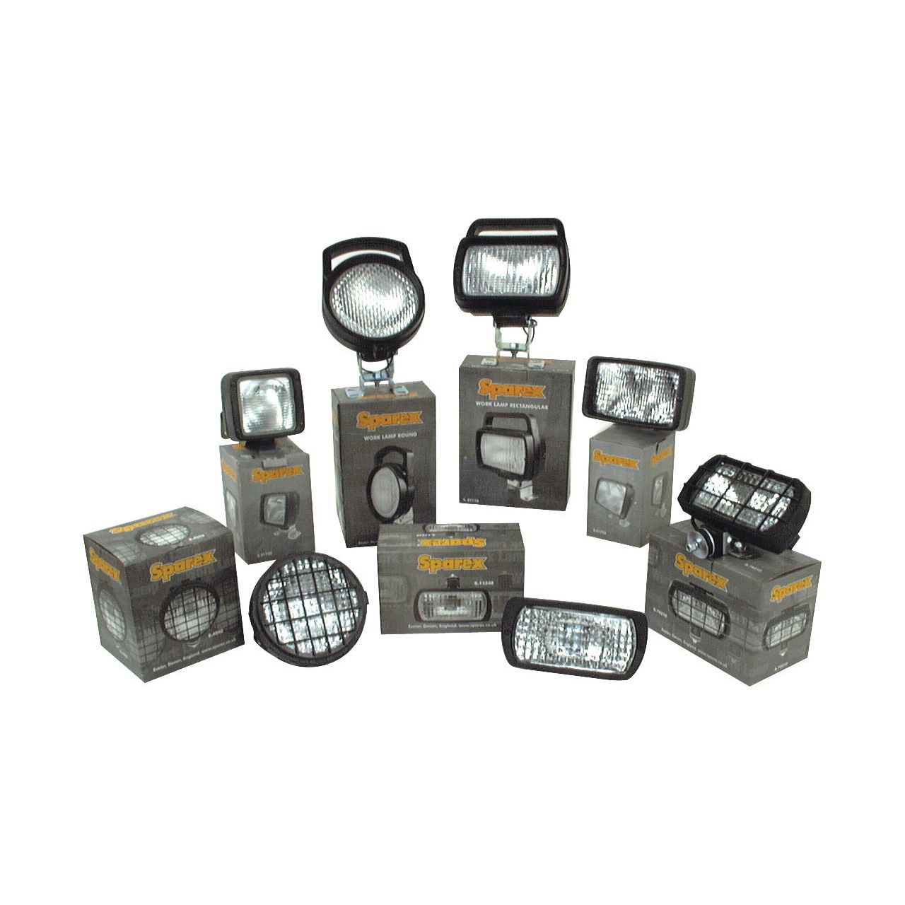 The display features various types of automotive lights, such as worklights and halogen lights, on and around boxes labeled "Sparex." Notably, some of the lights include the Halogen Work Light Square RH & LH - 12V (55W) S.51750 for versatile application.