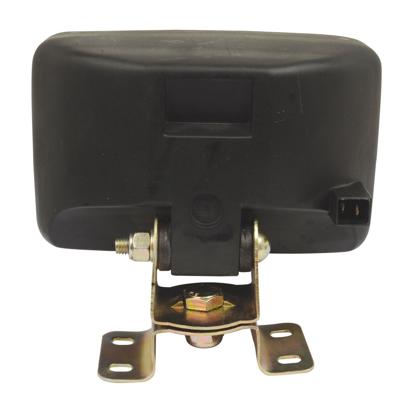 Rear view of the Sparex Halogen Work Light Rectangular RH & LH - 12V (55W) - S.51753 in black, mounted on a metal bracket with two bolt holes.