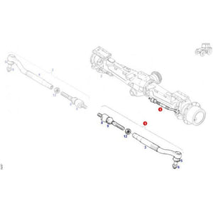 Illustration of a mechanical assembly with components labeled by numbers, featuring various parts of the steering linkage and axle system, including the AGCO Massey Ferguson axial tie rod (G716300100010).