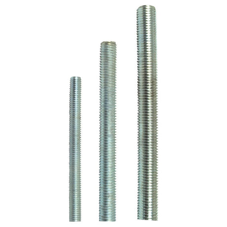 On a white background, three Sparex Metric Threaded Bars with a Ø5mm diameter and 4.6 tensile strength are standing vertically, each varying in length.