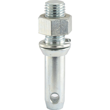 The Sparex Lower Link Implement Pin S.5189, measuring 28x149mm with a thread size of 1 1/8''x51mm Cat. 2, includes a hexagonal nut, a cylindrical shaft, and a hole at the bottom for versatile attachment purposes.