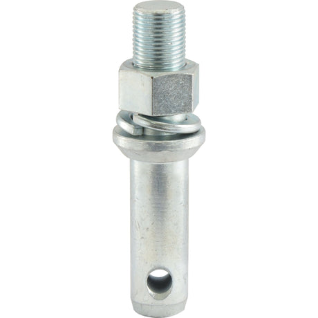 A Lower link implement pin from Sparex, with dimensions of 28x149mm and a thread size of 1''x51mm (Cat. 2), designed with a threaded rod, hexagonal nut, bolt head featuring a hole near the base and has a working length of 60mm. Sparex Part No.S.5191.
