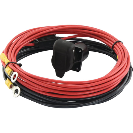 The Sparex Auxiliary Equipment Power Cable 5M, 3 Pin, Female / Female - S.51976 features a coiled red and black 2 core cable wiring harness with ring terminals, a black connector in the center, and has a capacity of 25 amps.