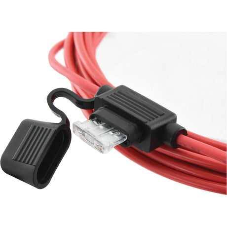 The Sparex Auxiliary Equipment Power Cable 5M, 3 Pin, Female/Female - S.51976 is a coiled red electrical cable featuring an inline fuse holder with a closed rubber cover, designed for up to 25 amps.