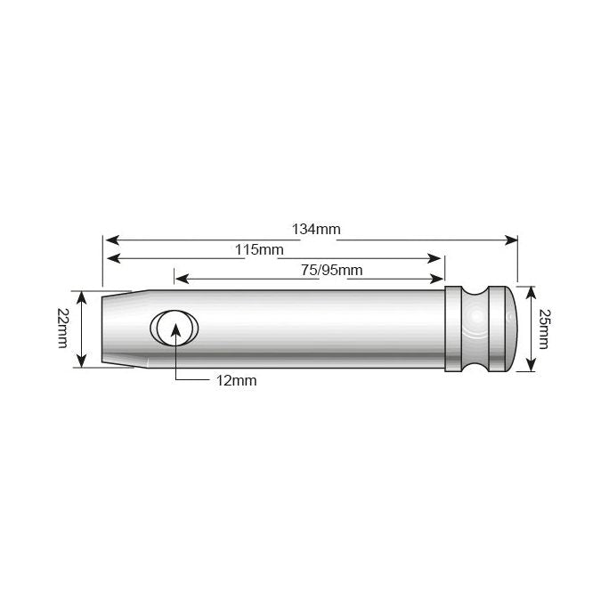 Technical diagram of the Lower link pin 22x75/95mm Cat. 1, Sparex Part No.S.51, by Sparex, showing an overall length of 134mm with diameters of 22mm and 25mm at different sections, internal sections measuring 75mm and 95mm, and one hole with a pin Ø of 12mm.