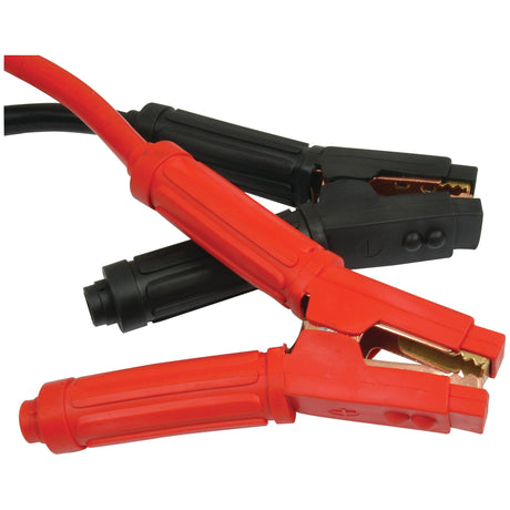 A close-up image of two Sparex Jump Leads (S.52038) featuring extra heavy-duty handles and red and black alligator clamps. The oil, acid, and heat-resistant 55mm² cables can handle up to 700 Amps.