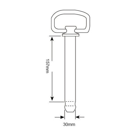 A technical drawing of a Sparex tool, specifically the Hitch Pin with Chain & Linch Pin 30x157mm (Sparex Part No. S.52077), featuring a handle and pin with a diameter of 30mm, measuring 157mm in height and 30mm in width.