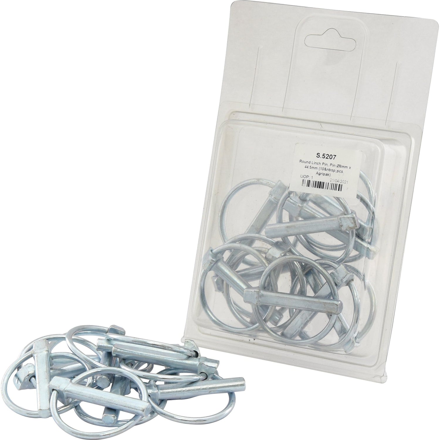 A Sparex Agripak plastic package containing 10 Round Linch Pins (Pin Ø8mm x 44.5mm), with some Standard Duty Sparex Part No.S.5207 pins placed outside the packaging.