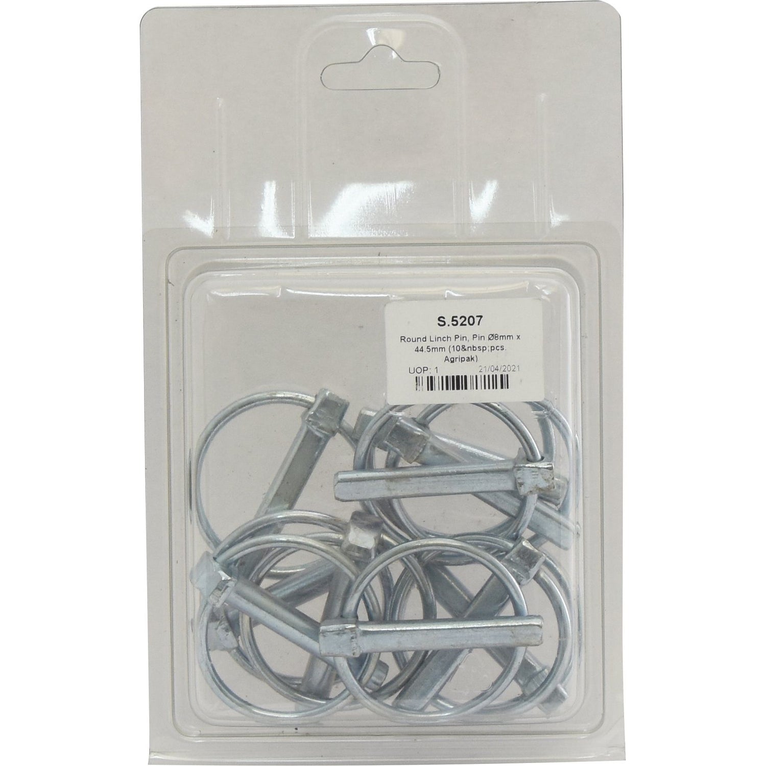 A clear plastic package containing ten metal round linch pin rings labeled "Round Linch Pin, Pin Ø8mm x 44.5mm (10 pcs. Agripak) | Sparex Part No.S.5207" from the Sparex brand.
