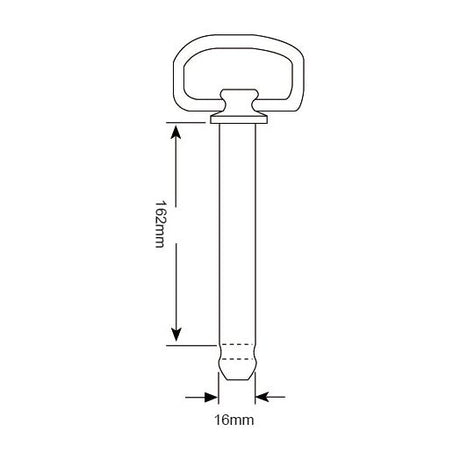 Diagram of a Hitch Pin with Grip Clip 16x162mm (Sparex Part No. S.52095), featuring a key-like design with a rounded top, measuring 162mm in height and 16mm in width at the widest part. Brand: Sparex.