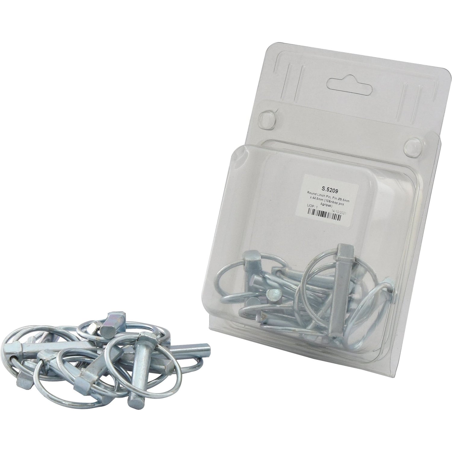 Pack of Round Linch Pins, Pin Ø9.5mm x 44.5mm (10 pcs. Agripak) by Sparex (Sparex Part No.S.5209) in clear plastic packaging, with some pins outside the package on a white background.