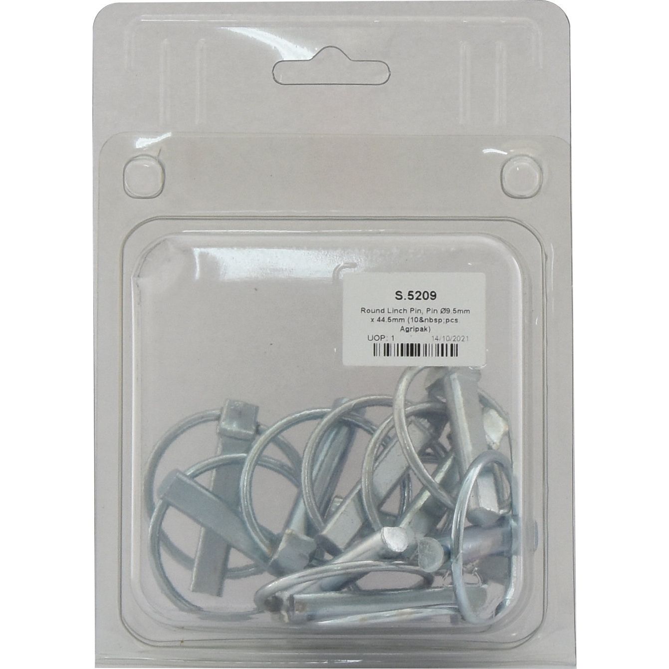 Plastic package from Agripak containing ten metal round linch pins, each with a diameter of 9.5mm and length of 44.5mm. The label shows Sparex Part No. S.5209 and other identification details, ensuring they meet Standard Duty specifications by Sparex.