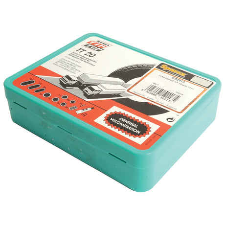 A turquoise model car set box labeled "TT20" for Scalextric Racetrack, displaying a barcode and a diagram of track accessories, includes a bonus Sparex Tyre Repair Kit (Sparex Part No. S.52213).