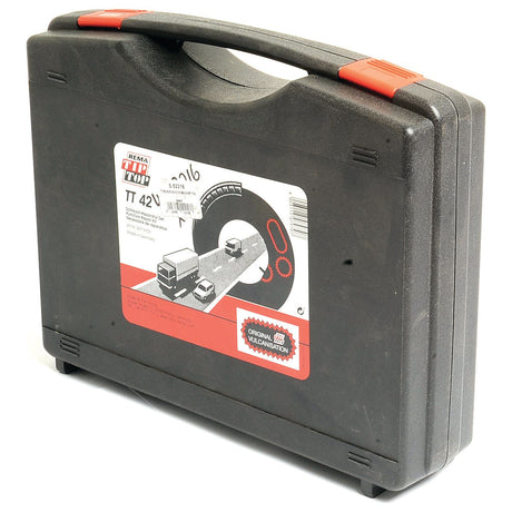 A black carrying case with red latches, labeled "Tyre Repair Kit TT42 by Sparex - Sparex Part No. S.52216." The label features images of tools, vehicles, a road, and even vulcanizing fluid for comprehensive repairs.