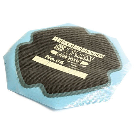 The Repair Patch (PN 04) Ø120mm from Sparex, labeled "No. 04," features a hexagonal shape with blue edges and is specifically designed for cross-ply tyres. The center is black with white technical details, including a numbered grid and the term "BEAD WULST." This patch ensures durable repairs through advanced vulcanising systems and comes in a pack of 10 pieces (Sparex Part No.S.52230).